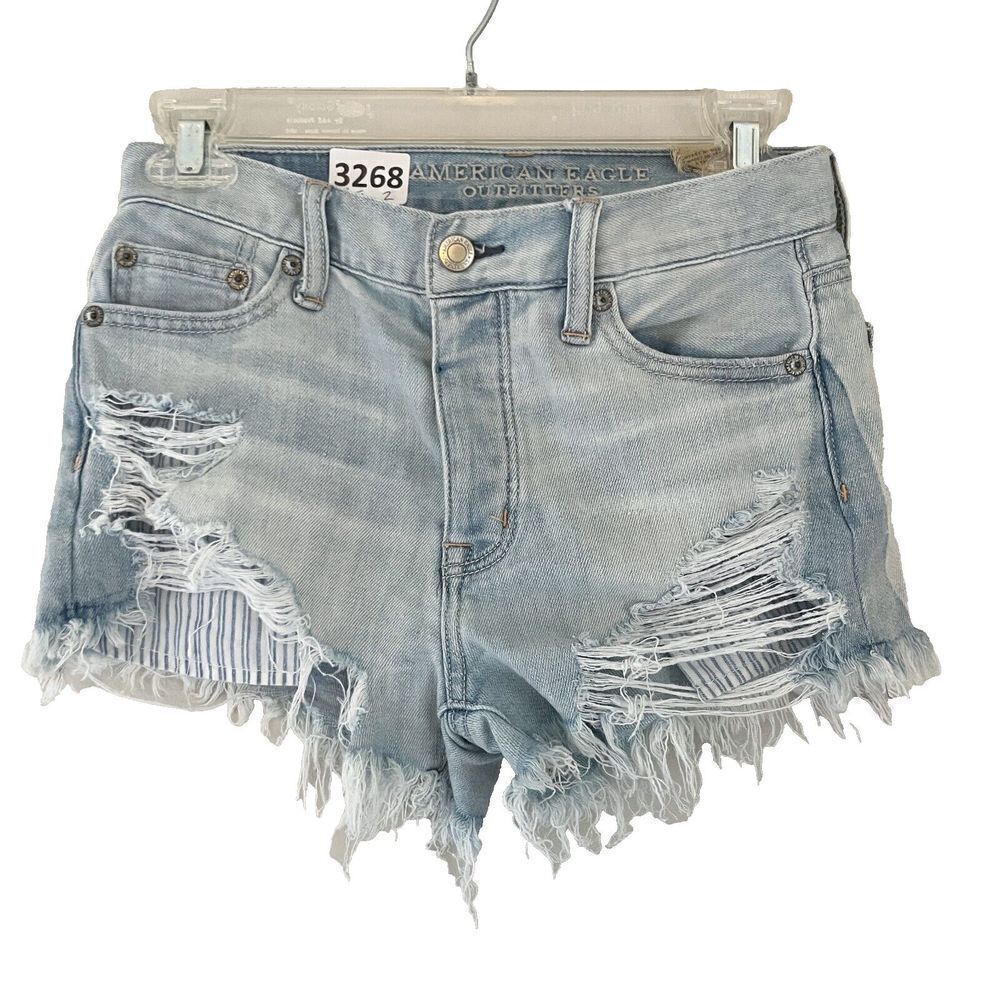 American Eagle Outfitters Womens Blue Hi Rise Raw Hem Denim Shorts Size 00